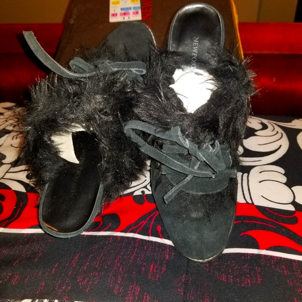 Black fuzzy clog high heel shoe